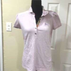 Burberry Short Puff Sleeve Polo Shirt Lilac Button Front Check Size Large EUC
